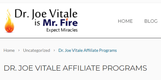 This screenshot shows part of the banner for Dr. Joe Vitale's affiliate marketing programs webpage, including the phrase 