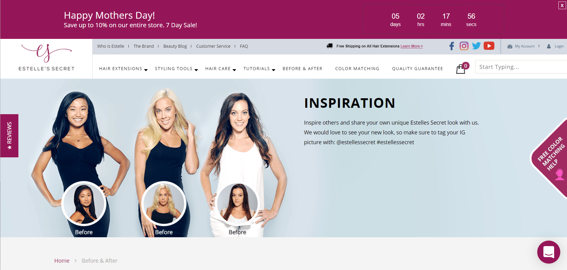 This screenshot from the Estelle's Secret website shows three different women wearing a variety of hair extensions in black, blonde and brown colors.