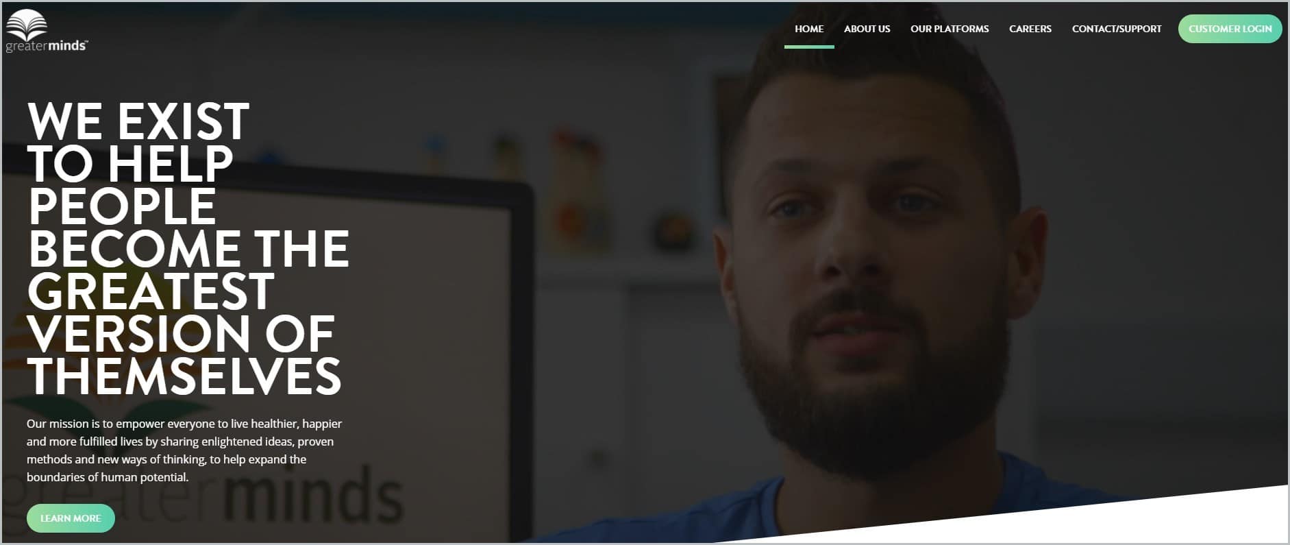 screenshot of Greater Minds homepage