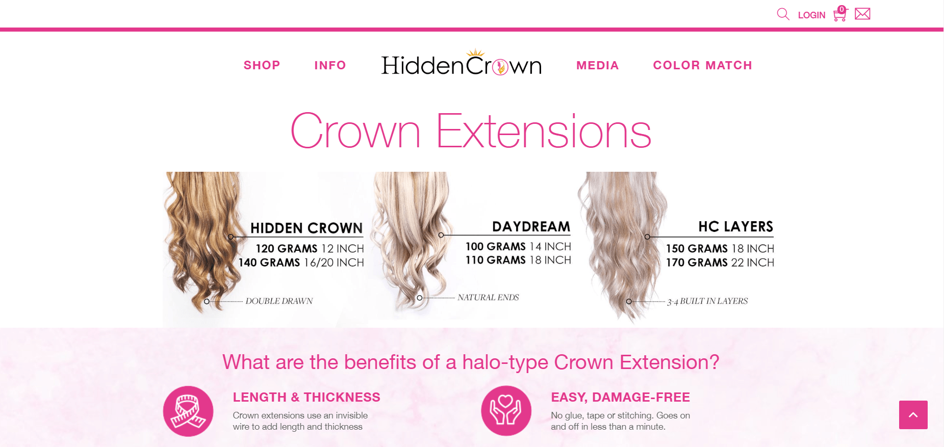 This screenshot shows three different options for halo-shaped crown extensions from Hidden Crown, a hair extension company that has one of the ten best hair extension affiliate programs.