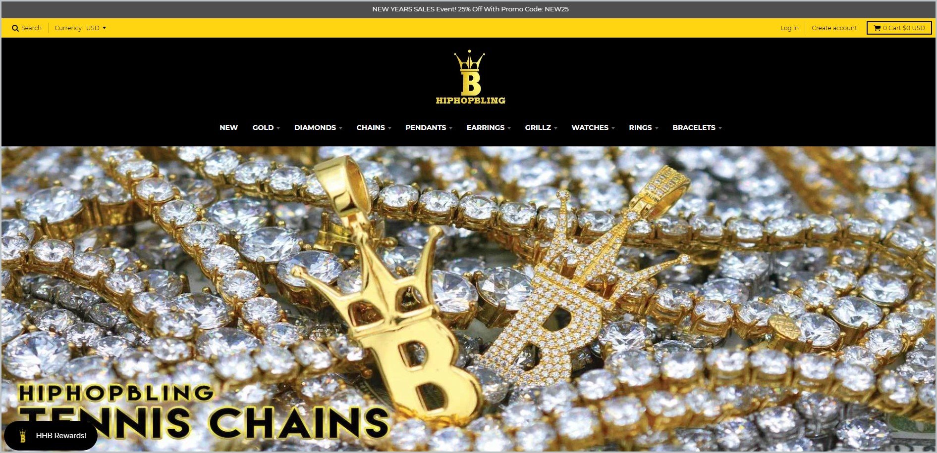 screenshot of HipHopBling homepage with black header with the website's name and main navigation menu, with diamonds-laden chain and a couple of letter B gold pendant