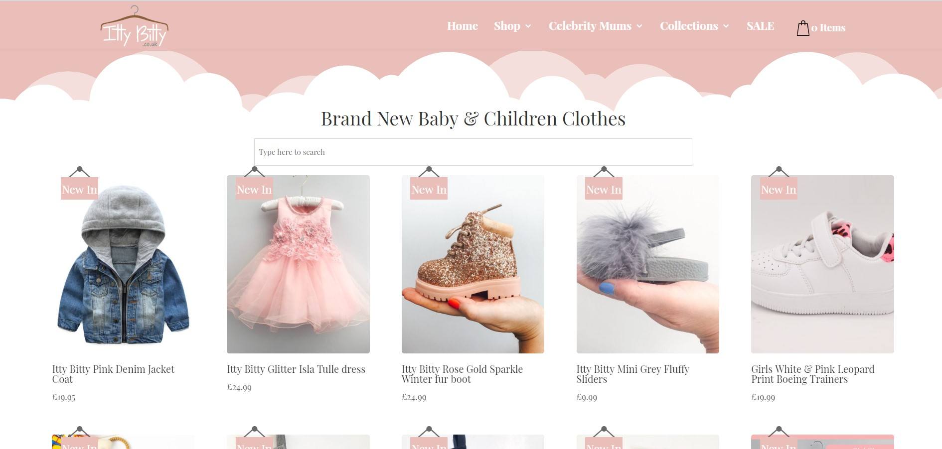 This screenshot shows photos of several items of baby clothing, including a jacket, shoes, and a dress.