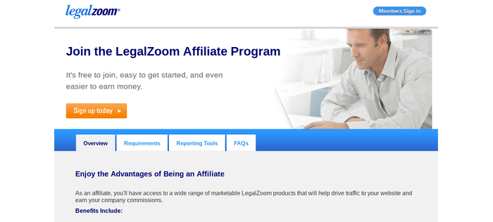 screenshot of the affiliate sign up page for LegalZoom