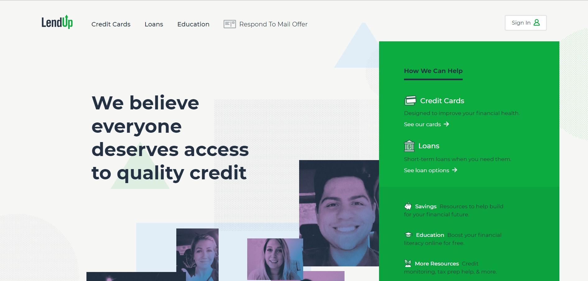 This screenshot shows a few photos of smiling people and the words 'We believe everyone deserves access to quality credit.'