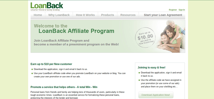 screenshot of the affiliate sign up page for LoanBack