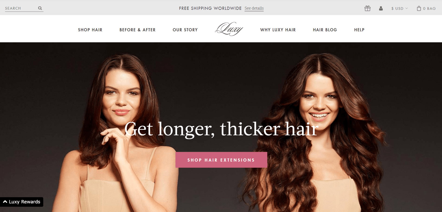 This screenshot from the Luxy Hair website shows two images of a woman with and without Luxy Hair extensions.