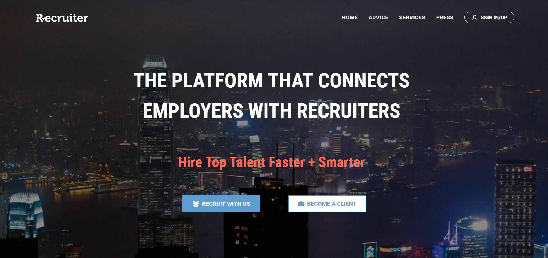 This landing page for Recruiter shows mostly white text on a dark background containing a dim cityscape.