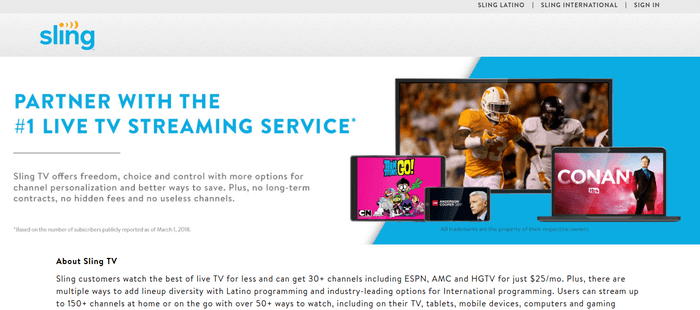 screenshot of the affiliate sign up page for Sling TV