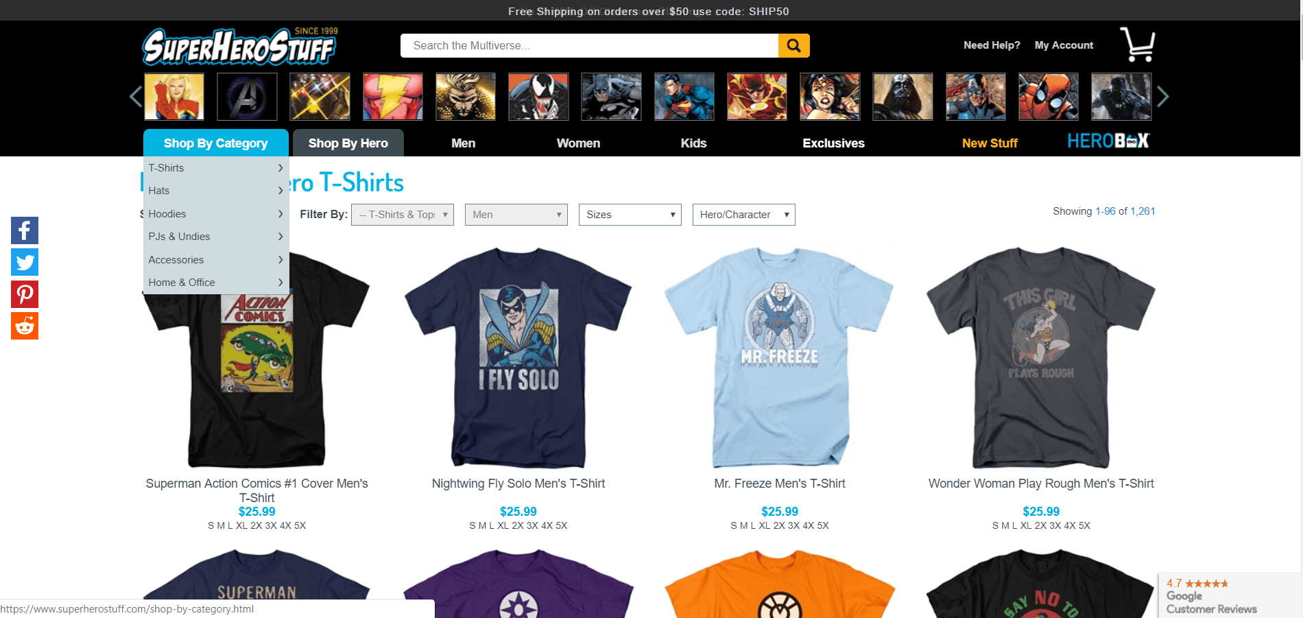 This screenshot from Superheroes Stuff shows several superhero-themed tee shirts.