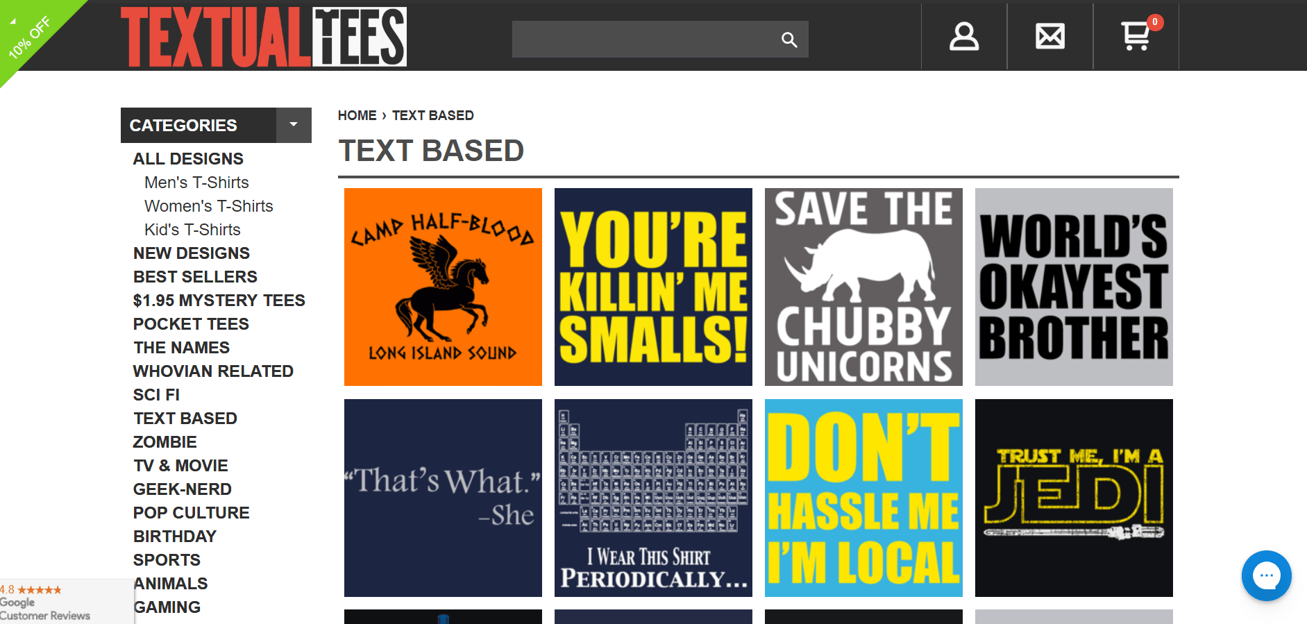 This screenshot shows some of the tee shirt designs from Textual Tees, a tee shirt company that has one of the ten best affiliate programs for tee shirts.