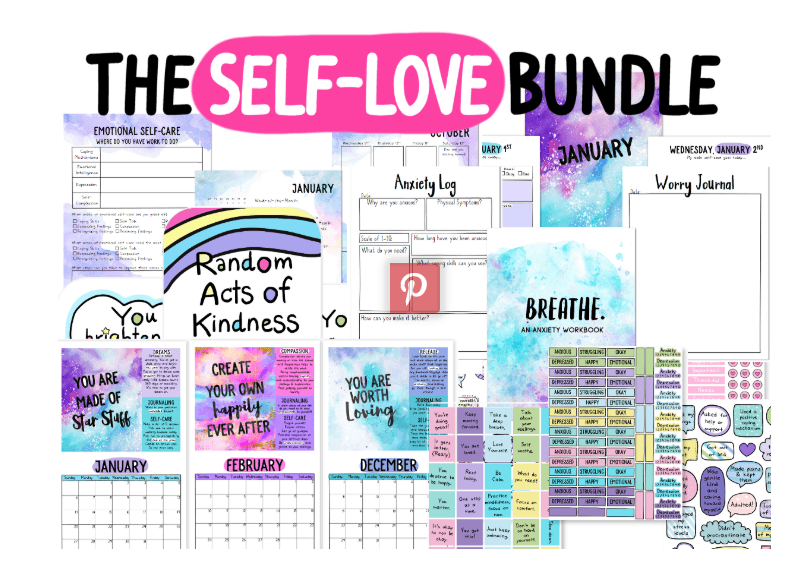 This screenshot shows a bundle of calendars, stickers, workbook pages and similar products aimed at increasing feelings of self-love.