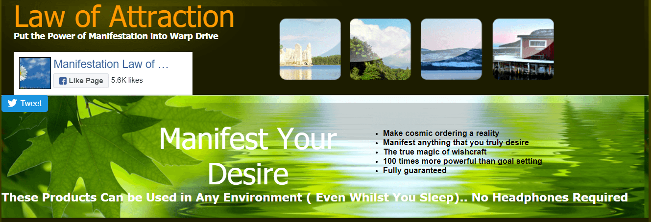 This screenshot contains the words 'Manifest Your Desire' along with thumbnail photos of some possible wishes and a bullet-point list of how these products can help people make the most of the Law of Attraction.