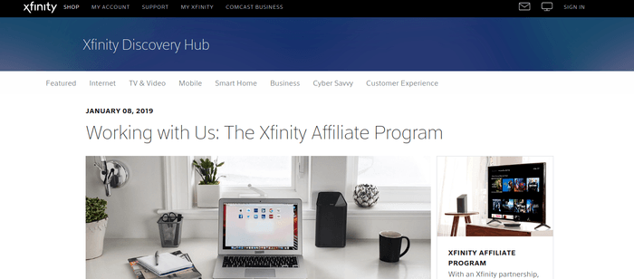 screenshot of the affiliate sign up page for Xfinity