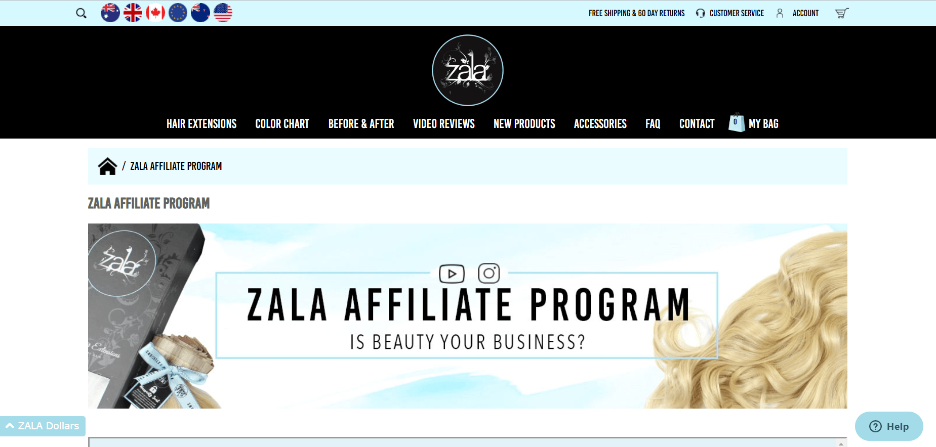 This is a screenshot of the Zala Affiliate Program landing page, with no large images, but black lettering on a light blue and white background.