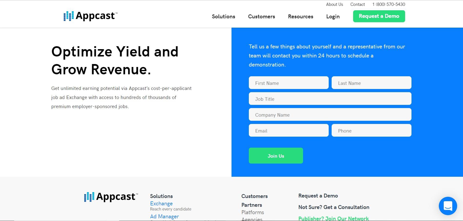 This screenshot shows a landing page with a white background, black text and a blue call-to-action box with green buttons.