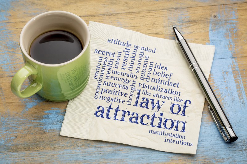 A cup of coffee in a green mug sits on the edge of a paper filled with words describing the law of attraction, representing the best law of attraction affiliate programs.