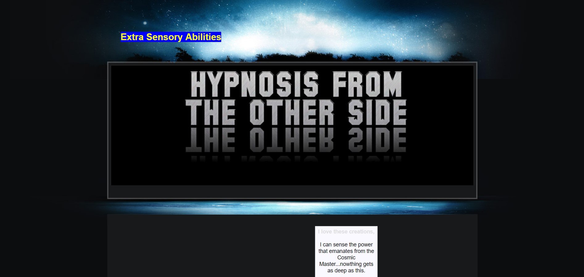 This landing page is black with a vague blue and white light burst at the top, and the words '