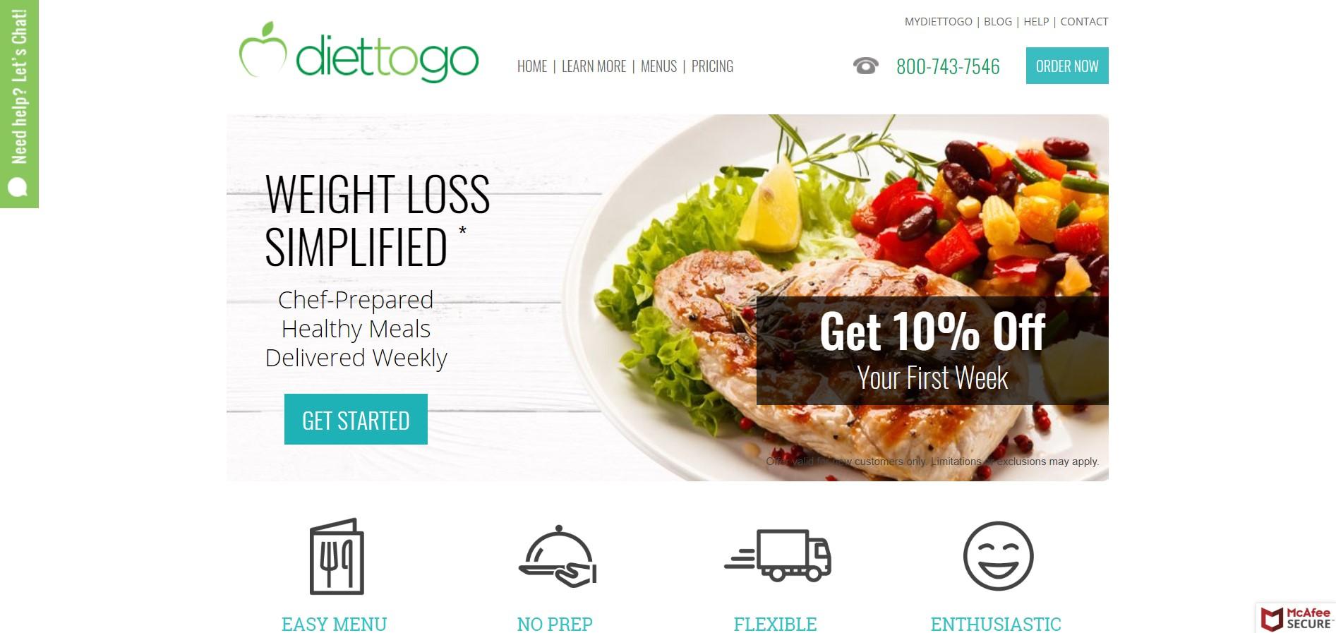 This screenshot shows a nutritious meal that is provided by DietToGo.