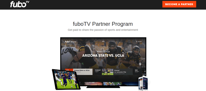 screenshot of the affiliate sign up page for fuboTV