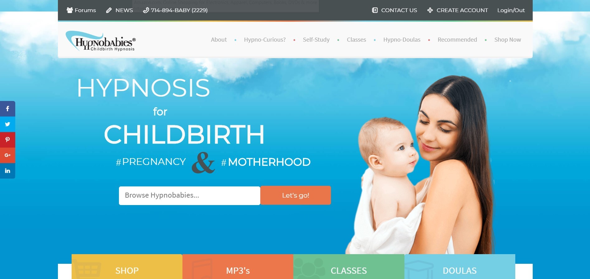 On this landing page, a mother holds her baby in front of a sky blue background, while the buttons are in gold, orange and green.