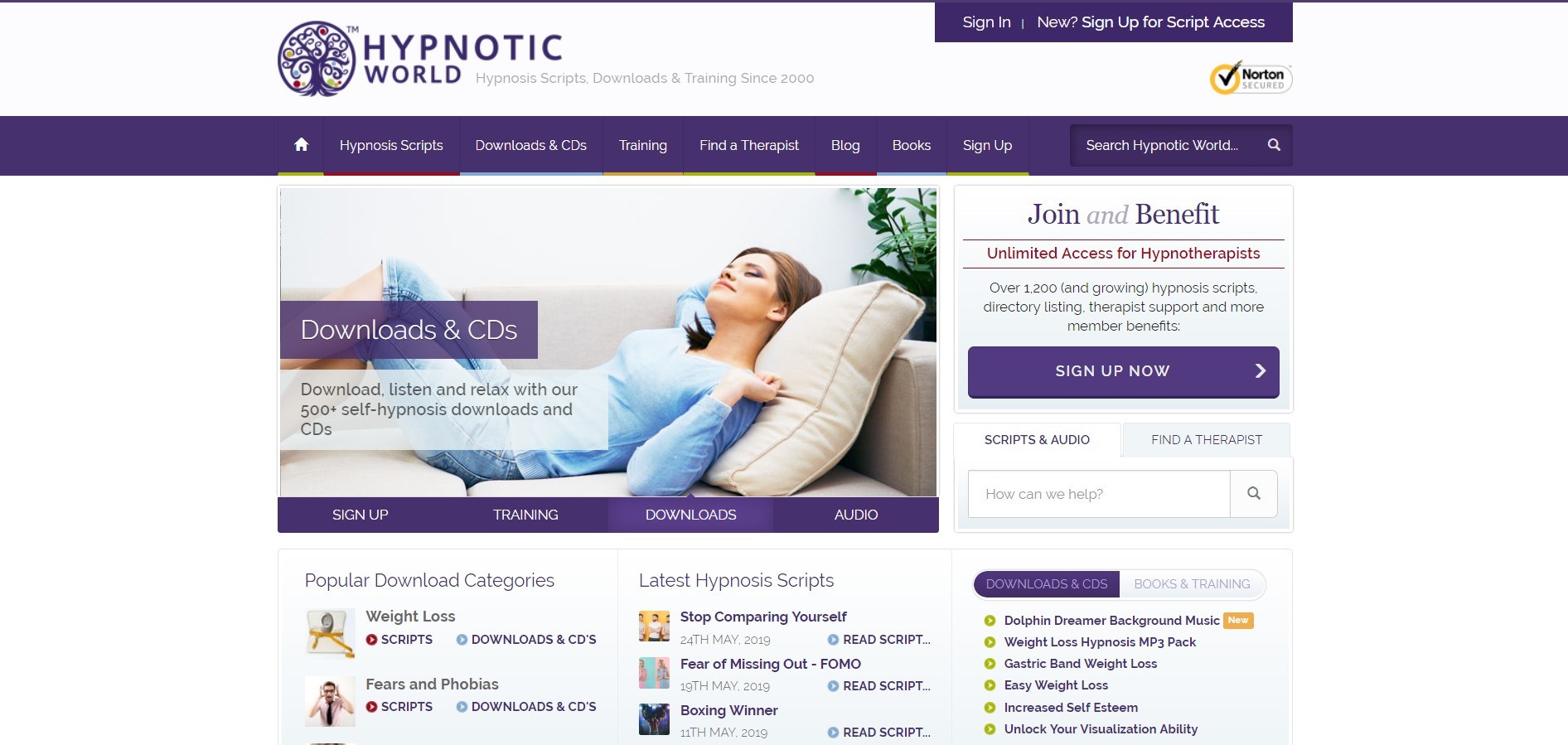 This landing page includes a photo of a woman in a light blue shirt reclining on a couch.