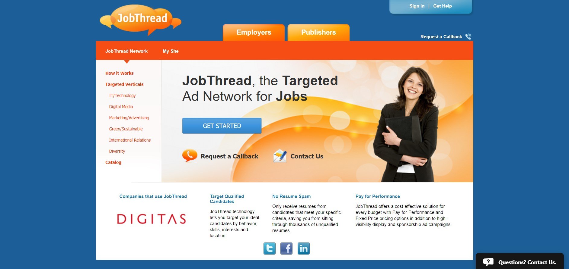 This colorful landing page for Jobthread shows a smiling woman in black clothes standing beside a background of blue, orange and white with promotional text in black promoting Jobthread, which has one of the best affiliate programs for job searches.