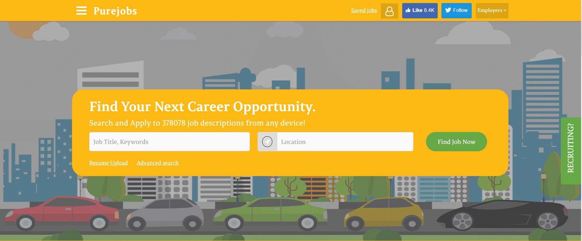 The screenshot of this landing page contains a cartoon background of cars against a city horizon and a bright yellow call-to-action box.