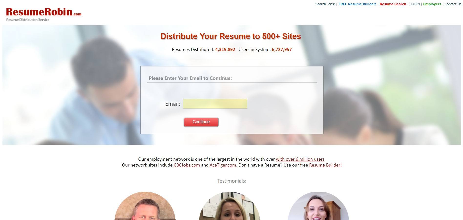 This landing page for Resume Robin has a white background and includes a few photos, such as a fuzzy background photo near the header of a man in a light blue shirt with a tie.