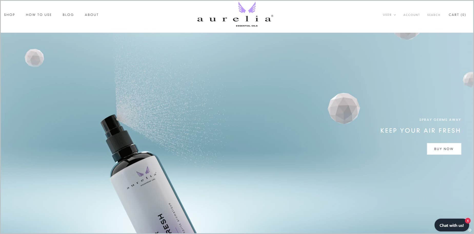 screenshot of Aurelia Essential Oils homepage with a closeup photo of a bottled essential oil for main image