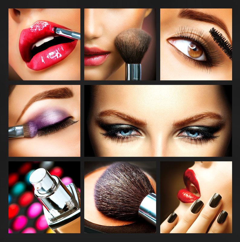 This image is a conglomerate of several photos showing women putting on lipstick, eye shadow, and other makeup items, representing the best makeup affiliate programs.