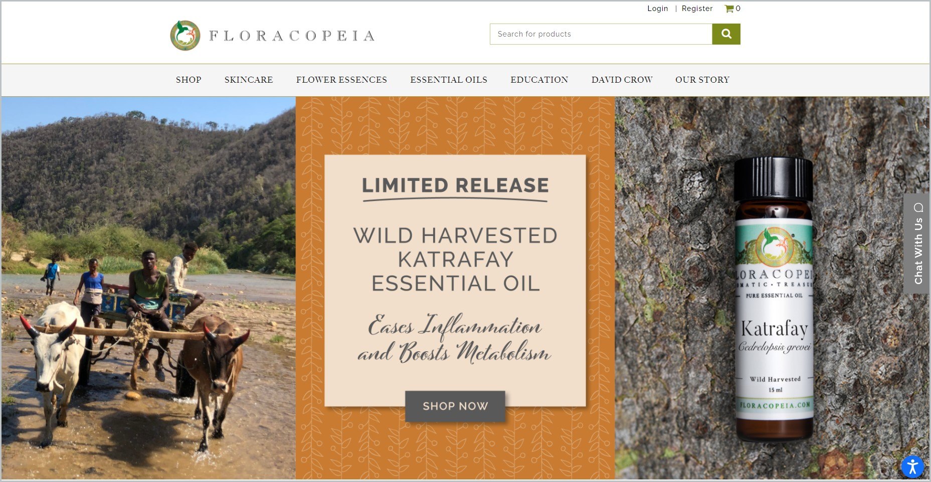 screenshot of Floracopeia homepage with image of a bottled essential oil and local farmers