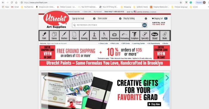 This screenshot for the home page for Utrecht shows the company's red logo int he top lefthand corner and a red and white 10% off sale banner above a stack of notebooks and other art supplies.