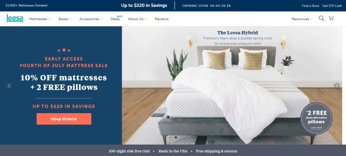 This screenshot of the home page for Leesa shows a photo of a bed with a white comforter and a gray bedframe in a room with a hardwood floor.