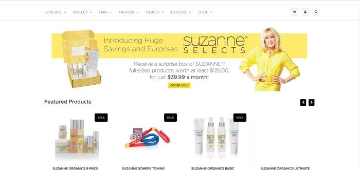 This screenshot of the home page for Suzanne Somers shows a few small groupings of health and beauty products, as well as Suzanne Somers, dressed in a yellow shirt, standing in front of a yellow banner with the words 