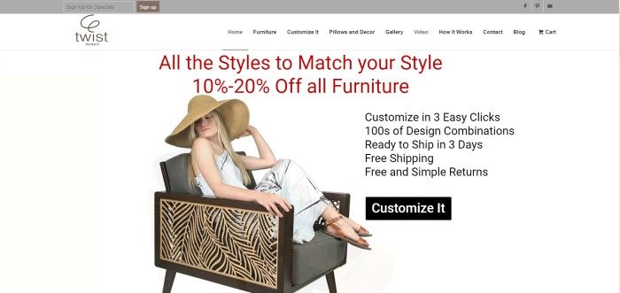 In this screenshot of the home page for Twist Modern, a woman with a large straw hat relaxes in a Twist Modern chair in front of a light background.