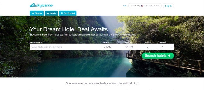 This screenshot of the Skyscanner home page includes a beautiful photograph of a forest-lined river, along with the words "Your Dream Hotel Deal Awaits" in white lettering.