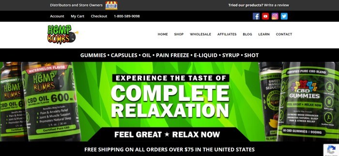 This screenshot of the home page for Hemp Bombs has white lettering, black borders and a green leafy background behind the words 'Experience the taste of complete relaxation,' with bottles of Hemp Bombs products on both sides.