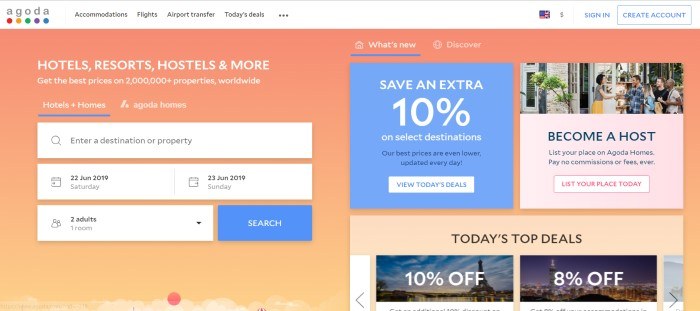  This screenshot of the home page for Agoda shows an orange background with a search box to start looking up possible travel plans, along with a 10% off deal over a blue text box and a few photos of people having fun at vacation destinations.