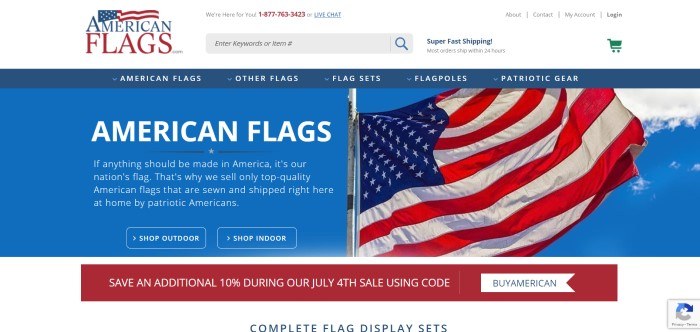 This screenshot of the home page for American Flags has white text against a photo of a blue sky with an American flag flying in it.