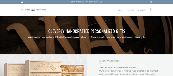 This screenshot of the home page for Artificer Woodworks includes a photo of some intricate carvings of wooden letters with the words "Cleverly Handcrafted Personal Gifts" and a photo of some wooden gift boxes.