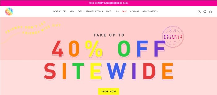 This screenshot of the home page for BH cosmetics shows an advertisement for a 40% off sale in rainbow-colored lettering over a pink background. 