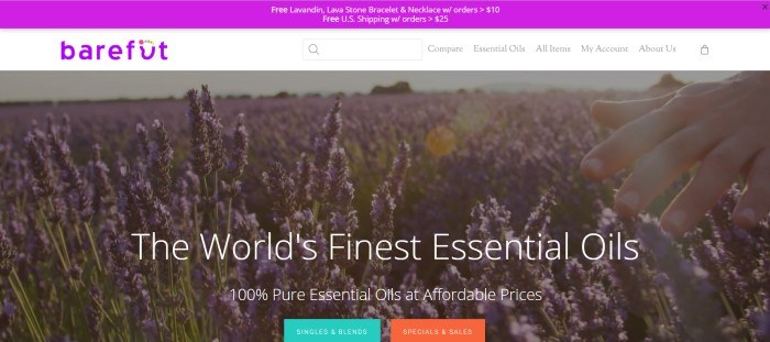  This screenshot of the home page for Barefut shows a lavender field with a hand brushing the top of the flowers, along with the words 