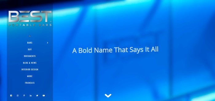 This screenshot of the homepage for Best Portable Bars is a luminescent blue background with lighter blue words reading "A bold name that says it all."