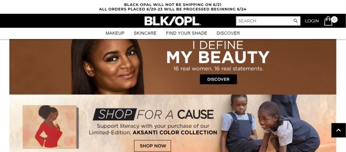 This screenshot of the home page for Black Opal shows a woman in a brown background with the words "I define my beauty" above a girl in a tan background with the words "Shop for a cause."