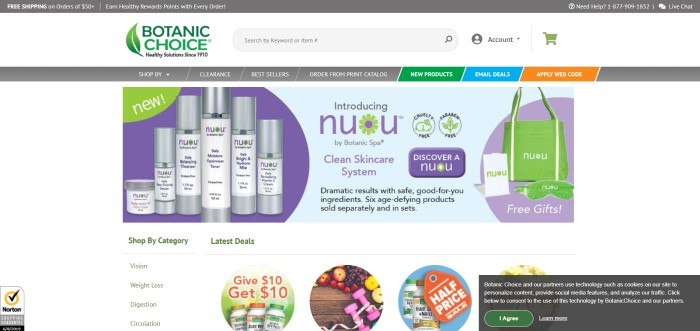 This screenshot for the home page for Botanic Choice includes a few circular photographs of different herbal products that are on sale, including an introduction to a new skincare program in purple and light blue near the top of the screen. 