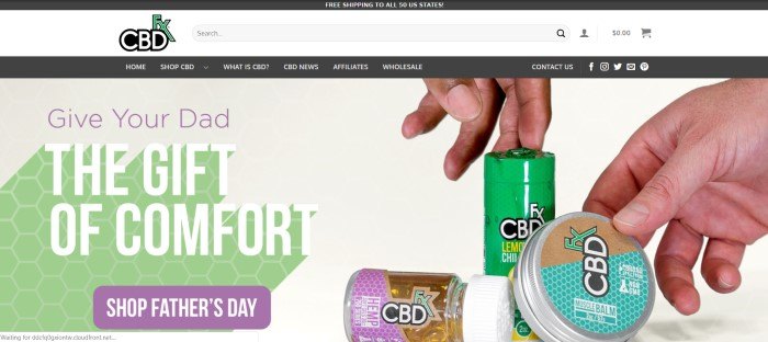 This screenshot of the home page for CBDFX shows two men's hands reaching for CBDFX products in front of a beige background, near a message, in purple and white lettering, which reads 'Give your dad the gift of comfort.'