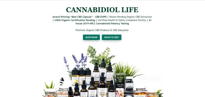 This screenshot of the home page for Cannabidiol Life shows several bottles of tinctures along with a few green herbs and purple flowers in front of a white background.