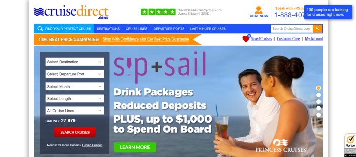 This screenshot of the CruiseDirect home page includes a photo of a man and a woman sharing a drink while looking over the balcony of a cruise ship, along with a search box for cruise times and destinations and some advertising text sharing a few perks of a cruise package.