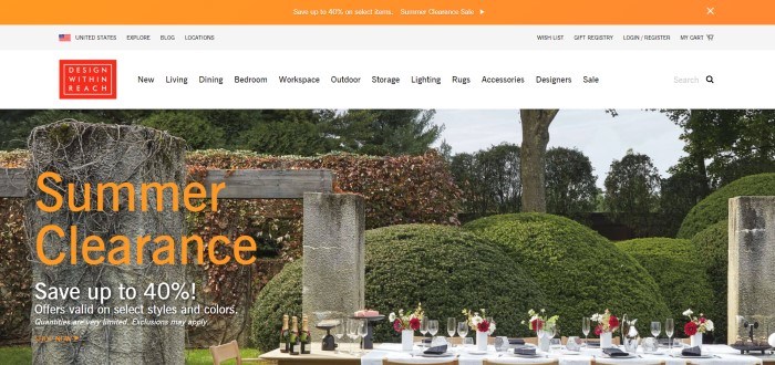 This screenshot of the home page for Design Within Reach shows a dining table outside near a hedge, with the words 'Summer Clearance' in yellow text overlaying the photo.