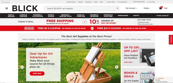 This screenshot of the Dick Blick art supplies website shows a grassy area with an easel and art supplies set up on it.